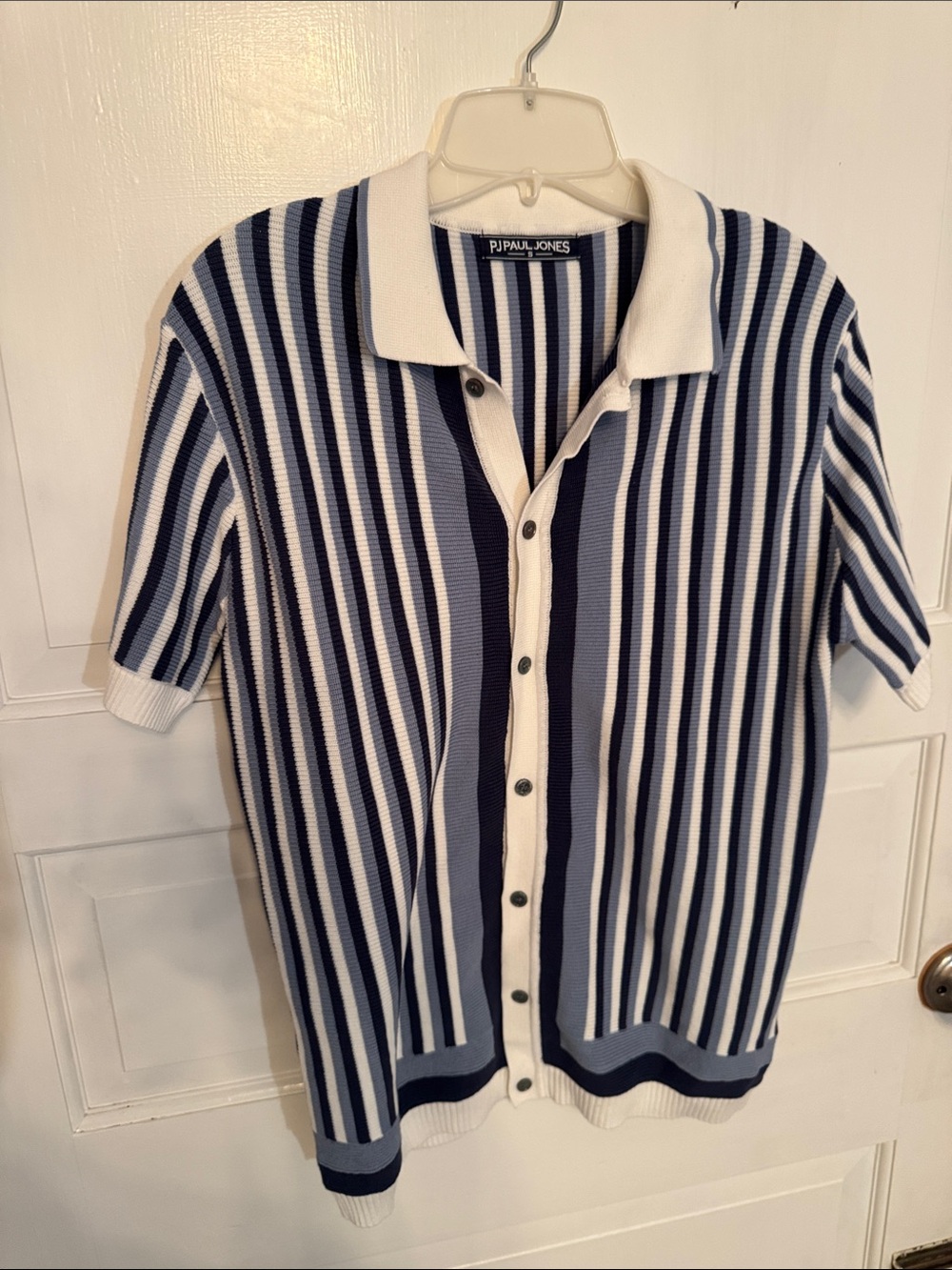 PJ PAUL JONES Navy & White Striped Short-Sleeve Polo Cardigan